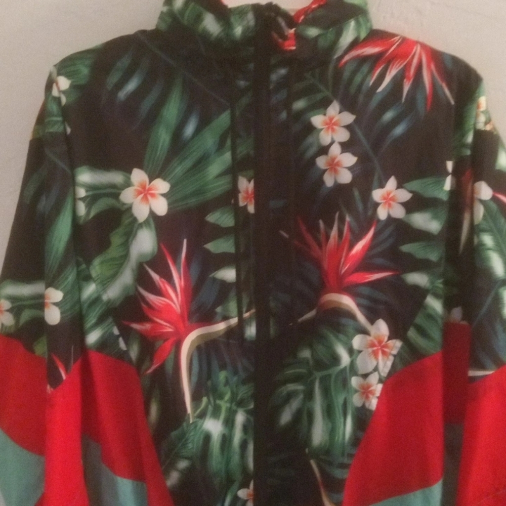 Stylish Tropical Floral Pattern Hooded Windbreaker Full Zip Unisex